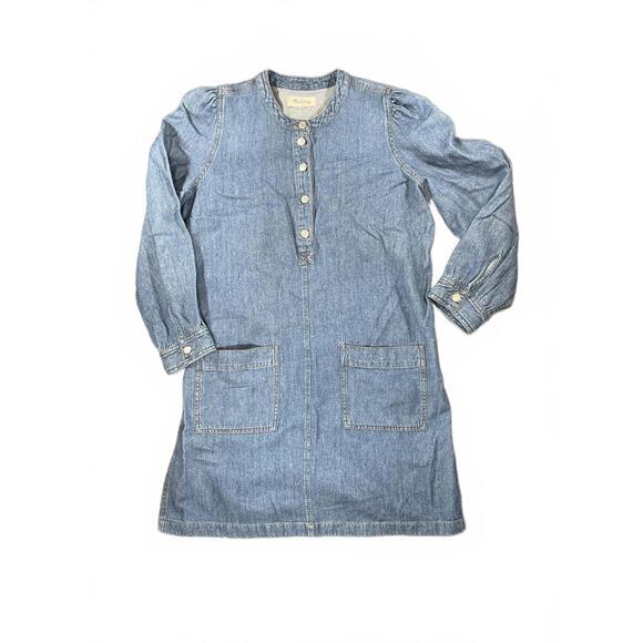 Madewell Denim Dress Puff Sleeves Front Pockets and Button Detail Size Medium - Picture 1 of 6